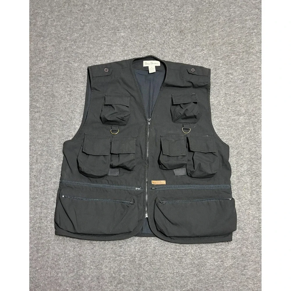 VTG Brian Brothers Utility Vest Mens L Black Graphic Back Multi-Pocket Full Zip